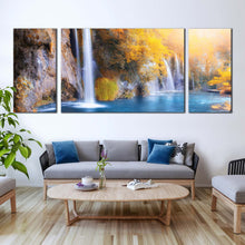 Load image into Gallery viewer, plitvice waterfalls canvas prints croatia blue waterfall multi canvas artwork yellow national park autumn waterfall 3 piece canvas wall art In Living room
