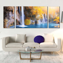 Load image into Gallery viewer, plitvice waterfalls canvas prints croatia blue waterfall multi canvas artwork yellow national park autumn waterfall 3 piece canvas wall art For Living Room
