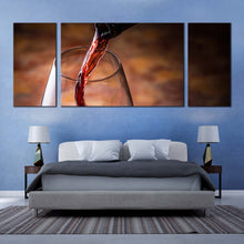 Load image into Gallery viewer, poured wine canvas print red wine liquid canvas print black wine bottle 3 piece multi canvas artwork wine glass close up canvas wall art For Bedroom
