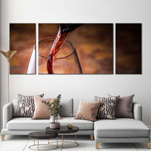 Load image into Gallery viewer, poured wine canvas print red wine liquid canvas print black wine bottle 3 piece multi canvas artwork wine glass close up canvas wall art For Living Room
