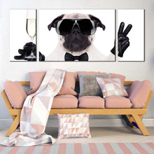 Load image into Gallery viewer, pug dog canvas print new year dog 3 piece canvas wall art white black funny dog multiple canvas In Living Room
