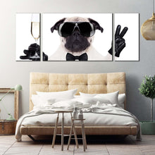 Load image into Gallery viewer, pug dog canvas print new year dog 3 piece canvas wall art white black funny dog multiple canvas For Bedroom
