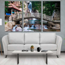 Load image into Gallery viewer, qingdao scenery canvas wall art china waterfall brown wooden bridge canvas artwork green shandong nature 3 piece canvas print In Living Room
