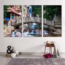 Load image into Gallery viewer, qingdao scenery canvas wall art china waterfall brown wooden bridge canvas artwork green shandong nature 3 piece canvas print
