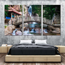 Load image into Gallery viewer, qingdao scenery canvas wall art china waterfall brown wooden bridge canvas artwork green shandong nature 3 piece canvas print For Bedroom
