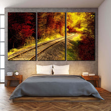 Load image into Gallery viewer, railroad through the forest 3 panel canvas prints In Bedroom
