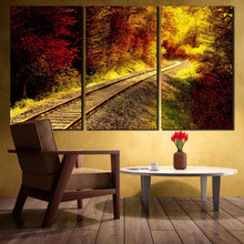 Load image into Gallery viewer, railroad track in forest autumn sun triptych canvas prints For Living Room
