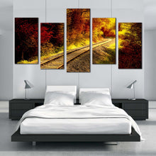 Load image into Gallery viewer, railroad tracks through autumn foliage forests 5 piece canvas prints In Bedroom
