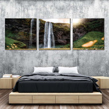 Load image into Gallery viewer, rainforest  waterfall  canvas  wall  art  seljalandsfoss  falls  green  nature  canvas  print  yellow  sunset  iceland  landscape  waterfall  3  piece  canvas  set For Bedroom
