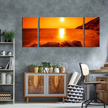 Load image into Gallery viewer, rayong ocean canvas print yellow sky ocean landscape 3 piece canvas print thailand orange ocean rocks multiple canvas
