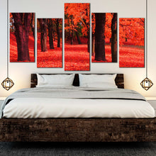 Load image into Gallery viewer, red forest densed trees 5 piece canvas artwork In Bedroom
