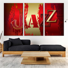 Load image into Gallery viewer, red gold abstract word Jazz triptych wall art In Living Room
