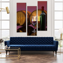 Load image into Gallery viewer, red  wine  bottle  barrels  triptych  wall  art In Living Room
