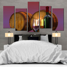 Load image into Gallery viewer, red wine glass bottle oak barrel isolated on golden Background 5 panel wall art In Bedroom
