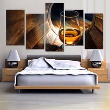 Load image into Gallery viewer, red wine glass oak barrel isolated on golden Background 5 panel wall art For Bedroom
