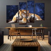 Load image into Gallery viewer, resting tiger blue background looking at me wall art home decor 
