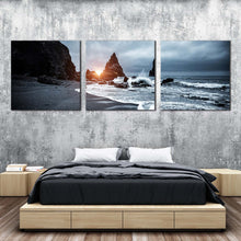 Load image into Gallery viewer, reynisfjara  beach  canvas  wall  art  grey  atlantic  ocean  3  piece  canvas  print  black  ocean  coast  multi  canvas In Bedroom
