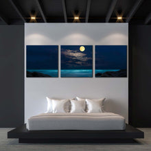 Load image into Gallery viewer, rock  beach  canvas  print  yellow  full  moon  ocean  3  piece  multi  canvas  blue  cloudy  ocean  at  night  triptych  canvas  wall  art For Bedroom
