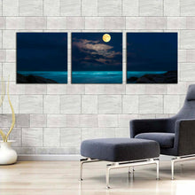 Load image into Gallery viewer, rock  beach  canvas  print  yellow  full  moon  ocean  3  piece  multi  canvas  blue  cloudy  ocean  at  night  triptych  canvas  wall  art For Living Room
