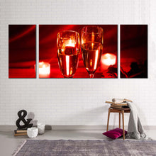 Load image into Gallery viewer, romantic champagne canvas wall art champagne yellow candlelight 3 piece canvas print champagne and red roses multi canvas
