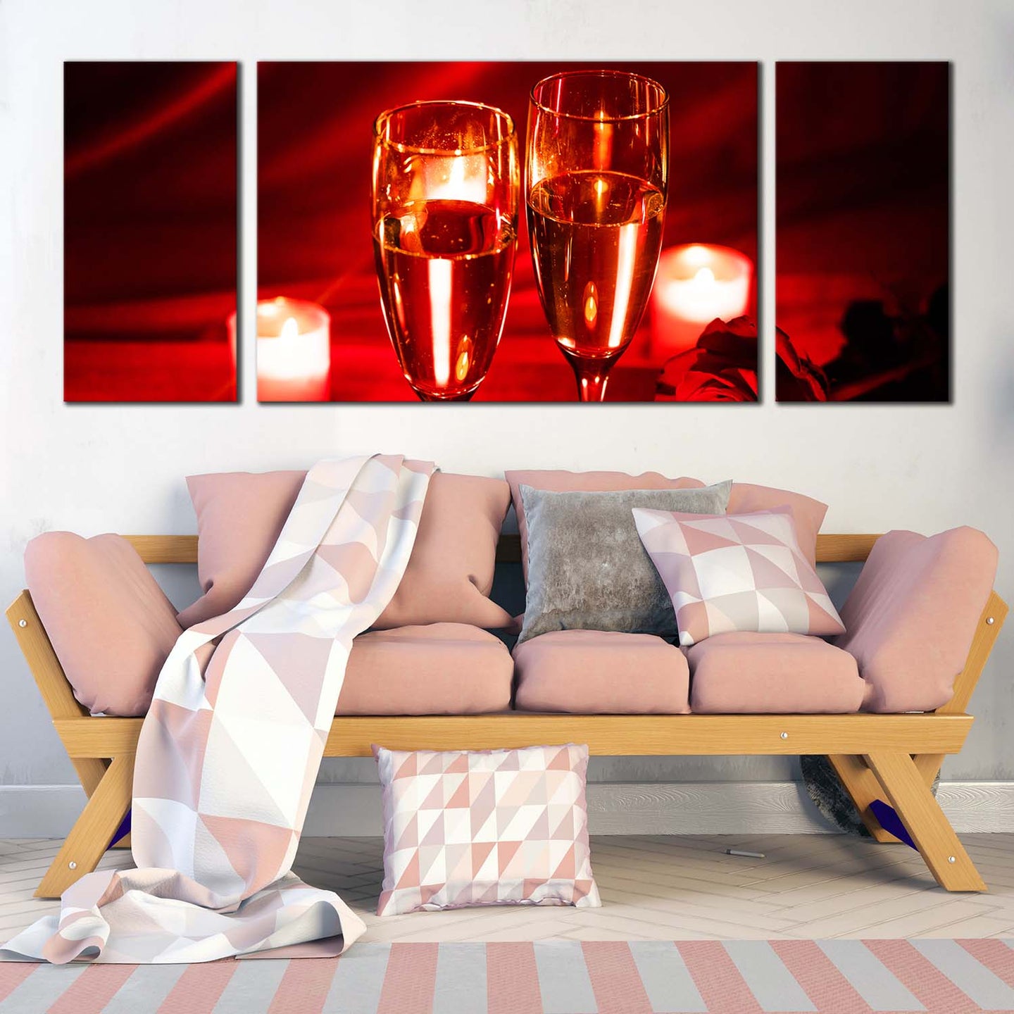 romantic champagne canvas wall art champagne yellow candlelight 3 piece canvas print champagne and red roses multi canvas For Living Room