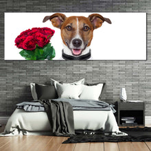 Load image into Gallery viewer, romantic  dog  canvas  print  dog  holding  red  roses  1  piece  canvas  wall  art  brown  dog  holding  present  canvas  artwork For Bedroom
