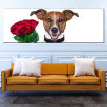 Load image into Gallery viewer, romantic  dog  canvas  print  dog  holding  red  roses  1  piece  canvas  wall  art  brown  dog  holding  present  canvas  artwork In Living Room
