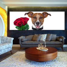 Load image into Gallery viewer, romantic  dog  canvas  print  dog  holding  red  roses  1  piece  canvas  wall  art  brown  dog  holding  present  canvas  artwork For Living Room
