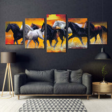 Load image into Gallery viewer, running horse canvas wall art horses orange sky beach 5 piece canvas black white horses in water canvas print For Living Room
