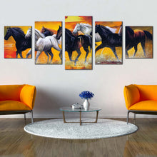 Load image into Gallery viewer, running horse canvas wall art horses orange sky beach 5 piece canvas black white horses in water canvas print In Living Room
