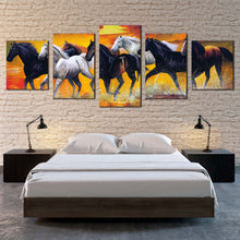 Load image into Gallery viewer, running horse canvas wall art horses orange sky beach 5 piece canvas black white horses in water canvas print For Bedroom
