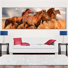 Load image into Gallery viewer, running  horses  canvas  print  brown  horses  galloping  1  piece  canvas  wall  art  horses  grey  sky  sand  wide  canvas In Living Room
