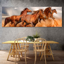 Load image into Gallery viewer, running  horses  canvas  print  brown  horses  galloping  1  piece  canvas  wall  art  horses  grey  sky  sand  wide  canvas In Dinning Room
