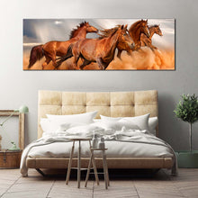 Load image into Gallery viewer, running  horses  canvas  print  brown  horses  galloping  1  piece  canvas  wall  art  horses  grey  sky  sand  wide  canvas For Bedroom
