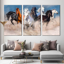 Load image into Gallery viewer, running horses canvas wall art wild horses running forward 3 piece multi canvas black white brown horses triptych canvas print For Living Room
