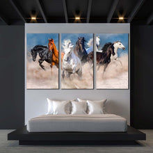 Load image into Gallery viewer, running horses canvas wall art wild horses running forward 3 piece multi canvas black white brown horses triptych canvas print For Bedroom
