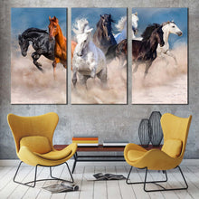 Load image into Gallery viewer, running horses canvas wall art wild horses running forward 3 piece multi canvas black white brown horses triptych canvas print In Living Room
