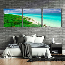 Load image into Gallery viewer, santa  maria  canvas  print  green  ocean  beach  3  piece  canvas  wall  art  cuba  blue  cloudy  ocean  triptych  canvas  print In Bedroom
