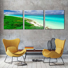 Load image into Gallery viewer, santa  maria  canvas  print  green  ocean  beach  3  piece  canvas  wall  art  cuba  blue  cloudy  ocean  triptych  canvas  print In Living Room
