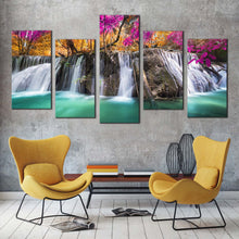 Load image into Gallery viewer, scenic waterfall canvas wall art beautiful waterfall scene canvas print colorful forest scenery waterfall 5 piece canvas set In Living Room
