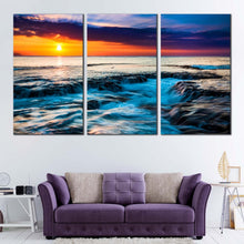 Load image into Gallery viewer, sea water canvas wall art hawaiian sunset 3 piece canvas set orange sunset ocean sky canvas print In Living Room
