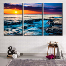 Load image into Gallery viewer, sea water canvas wall art hawaiian sunset 3 piece canvas set orange sunset ocean sky canvas print
