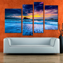 Load image into Gallery viewer, sea waves canvas wall art biarritz yellow sky ocean canvas set blue ocean waves 4 piece canvas print for your living room 
