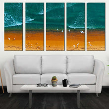 Load image into Gallery viewer, sea waves canvas wall art sea green turquoise waves 5 piece canvas print brown ocean beach aerial view canvas set In Living Room
