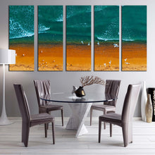 Load image into Gallery viewer, sea waves canvas wall art sea green turquoise waves 5 piece canvas print brown ocean beach aerial view canvas set For Dining Room
