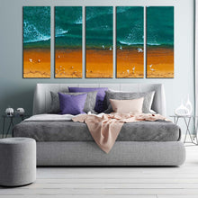 Load image into Gallery viewer, sea waves canvas wall art sea green turquoise waves 5 piece canvas print brown ocean beach aerial view canvas set For Bedroom
