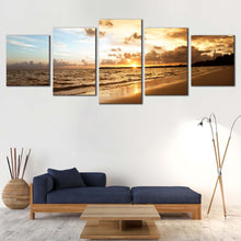 Load image into Gallery viewer, sea waves canvas wall art yellow sunset ocean beach 5 piece canvas set brown caribbean sea multiple canvas For Living room
