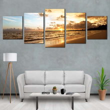 Load image into Gallery viewer, sea waves canvas wall art yellow sunset ocean beach 5 piece canvas set brown caribbean sea multiple canvas In Living Room
