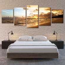 Load image into Gallery viewer, sea waves canvas wall art yellow sunset ocean beach 5 piece canvas set brown caribbean sea multiple canvas For Bedroom
