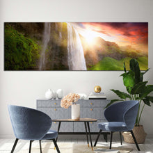 Load image into Gallery viewer, seljalandsfoss  waterfalls  canvas  wall  art  green  iceland  scenery  1  piece  canvas  waterfalls  into  the  yellow  sunset  canvas  print In Living Room
